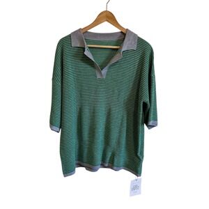 Daily Fashion For You Knit‎ Top Green Striped Short Sleeve Polo Collar M